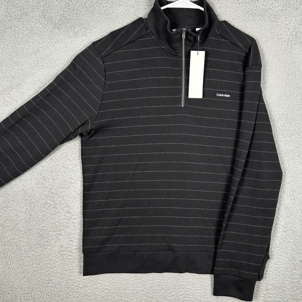 NEW Calvin Klein Sweater Mens Large Black Grey Striped Quarter Zip Pullover Logo